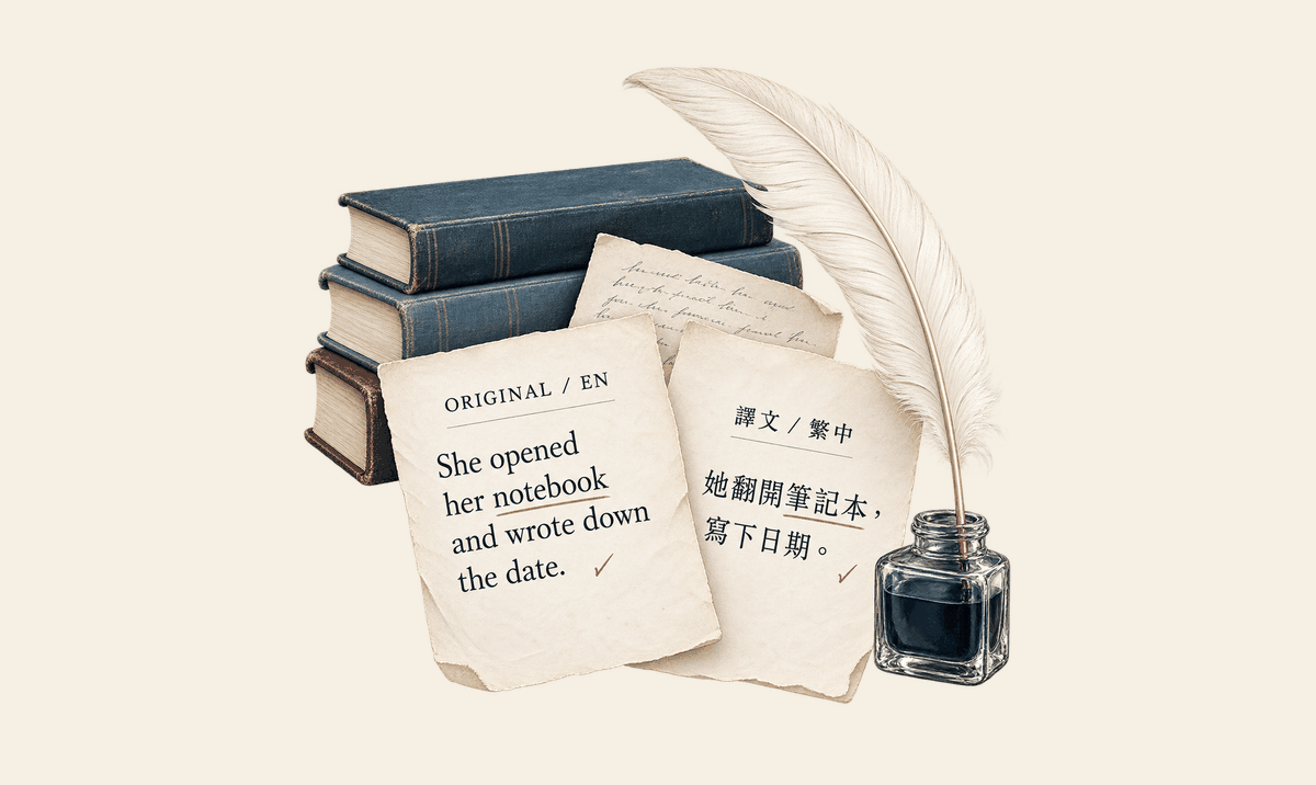 Rosetta 新版主視覺：舊書、雙語羊皮紙、羽毛筆與墨水瓶